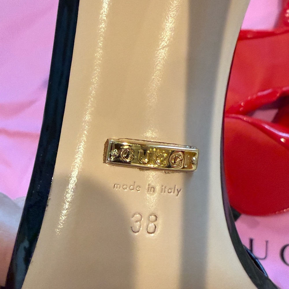 Gucci Red Patent Leather Open-Toe Stiletto Boots with Black Trim - Picture 6 of 9